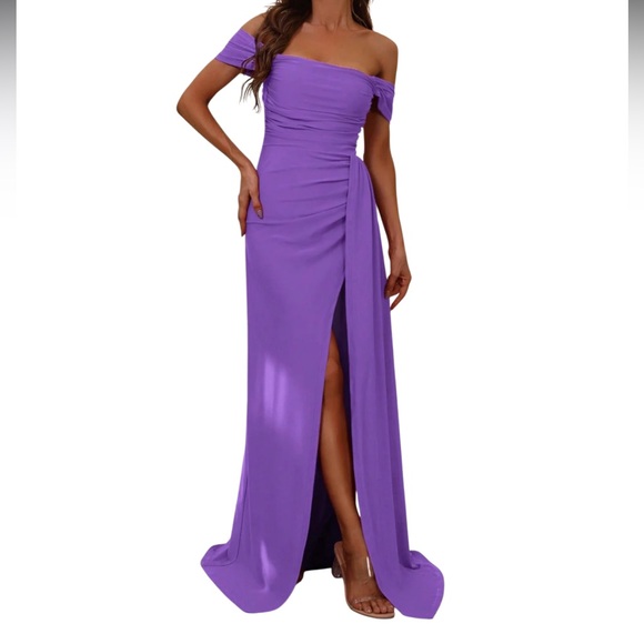 faeriesty Dresses & Skirts - Elegant Off-Shoulder Purple Maxi Dress with Front Slit
